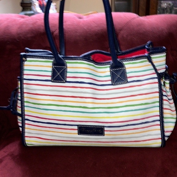 Dooney & Bourke navy blue and multi color striped tote - Picture 1 of 14